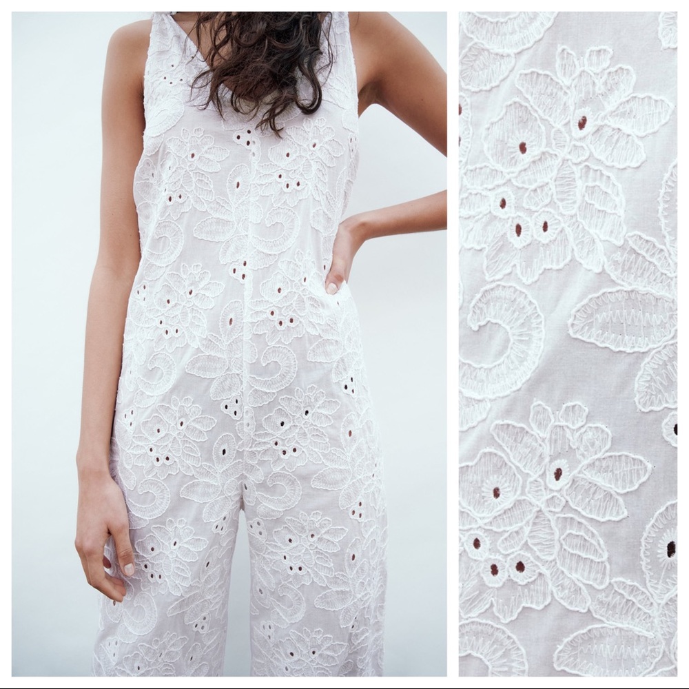 Zara White Broderie Anglaise Wide-Leg Jumpsuit - Picture 6 of 10